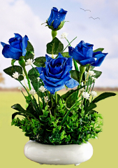 Blütengesteck im Schalentopf künstliche Rosen in Blau - sehr dekorativ